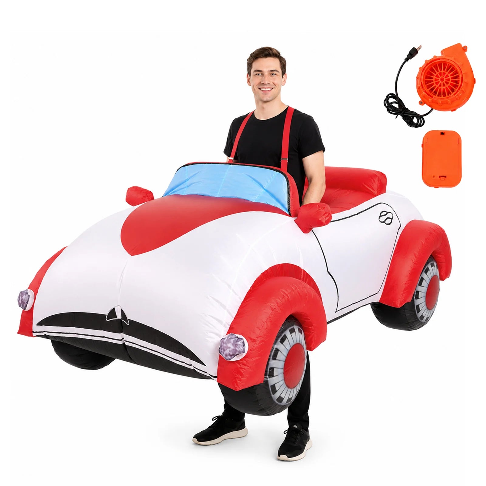 Three-quarter view shows the wearable race car body and shoulder straps