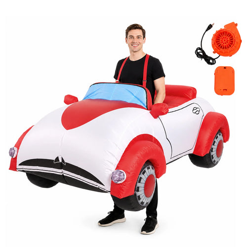Three-quarter view shows the wearable race car body and shoulder straps
