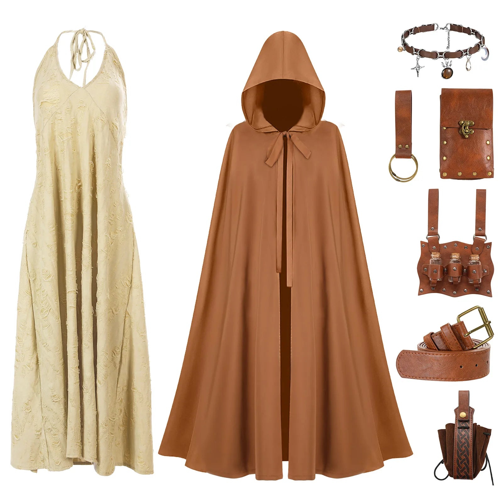 Ivory halter dress and brown hooded cloak displayed with a belt, necklace, pouches, and small bottles.