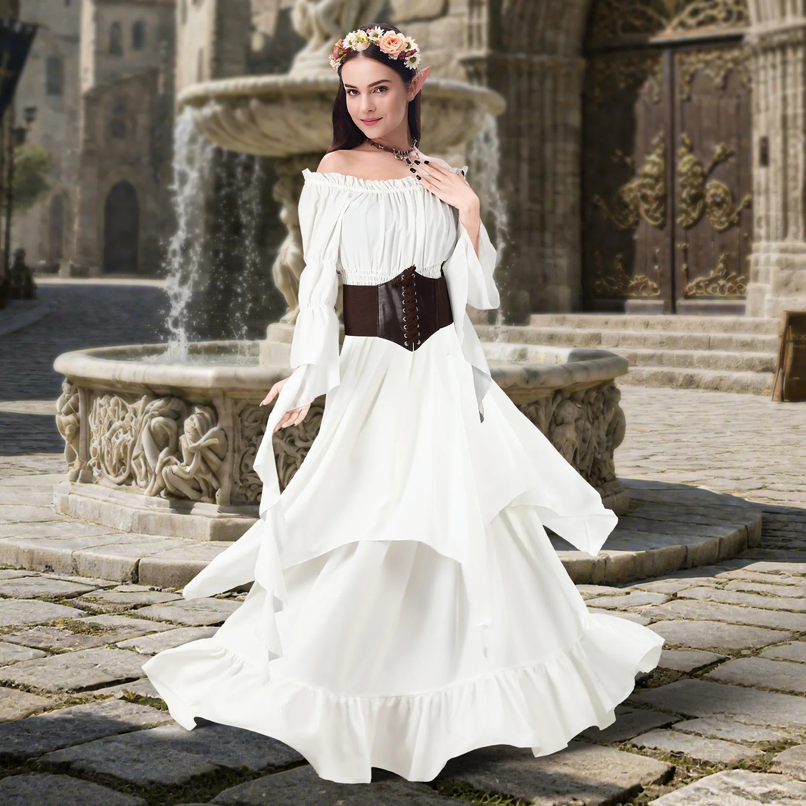 Woman wearing an ivory Renaissance fairy costume with corset belt and floral crown