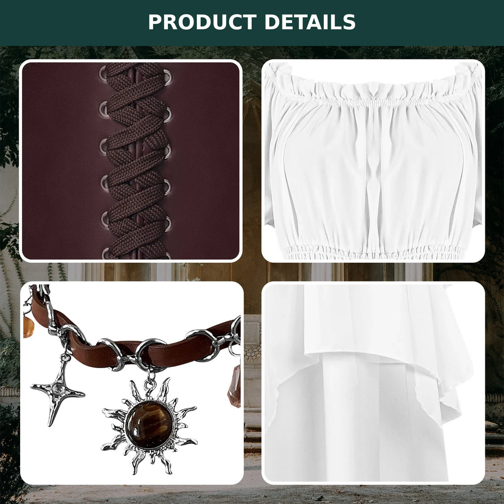 Ivory white Renaissance fairy costume details showing lace-up corset belt, neckline, necklace and layered skirt