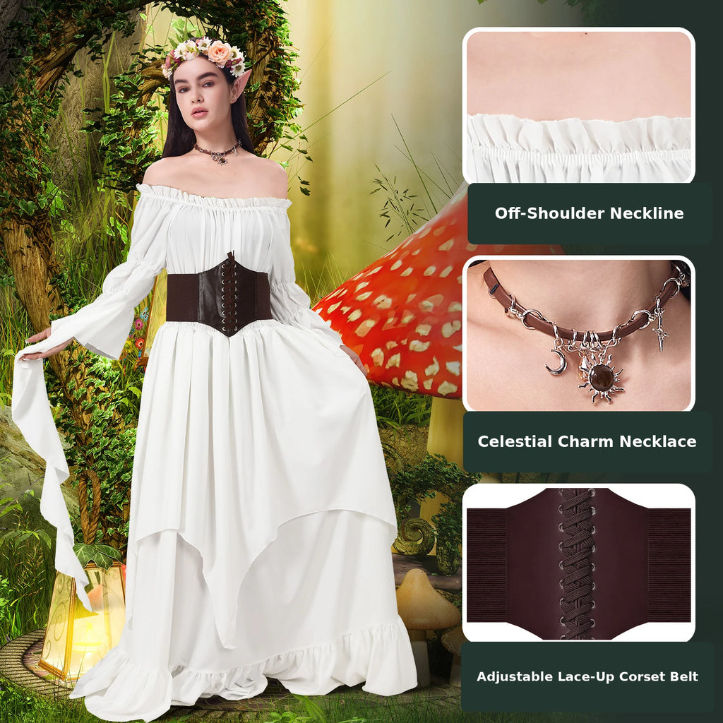 Ivory white Renaissance fairy costume with off-shoulder neckline, celestial necklace and adjustable lace-up corset belt