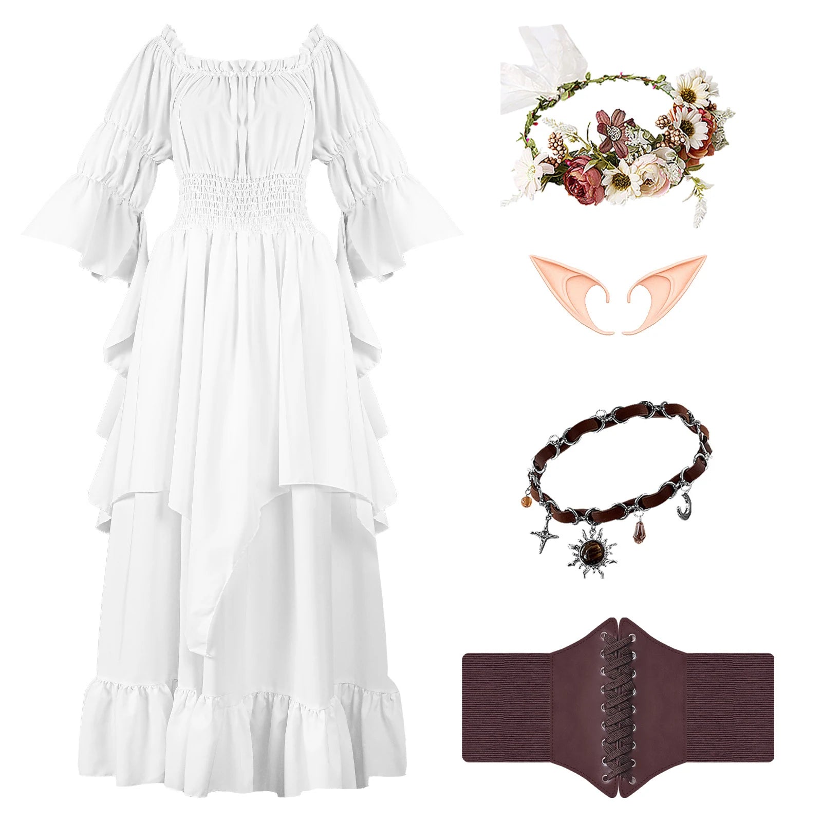 Ivory white five-piece Renaissance fairy costume set with dress, corset belt, floral crown, elf ears and necklace