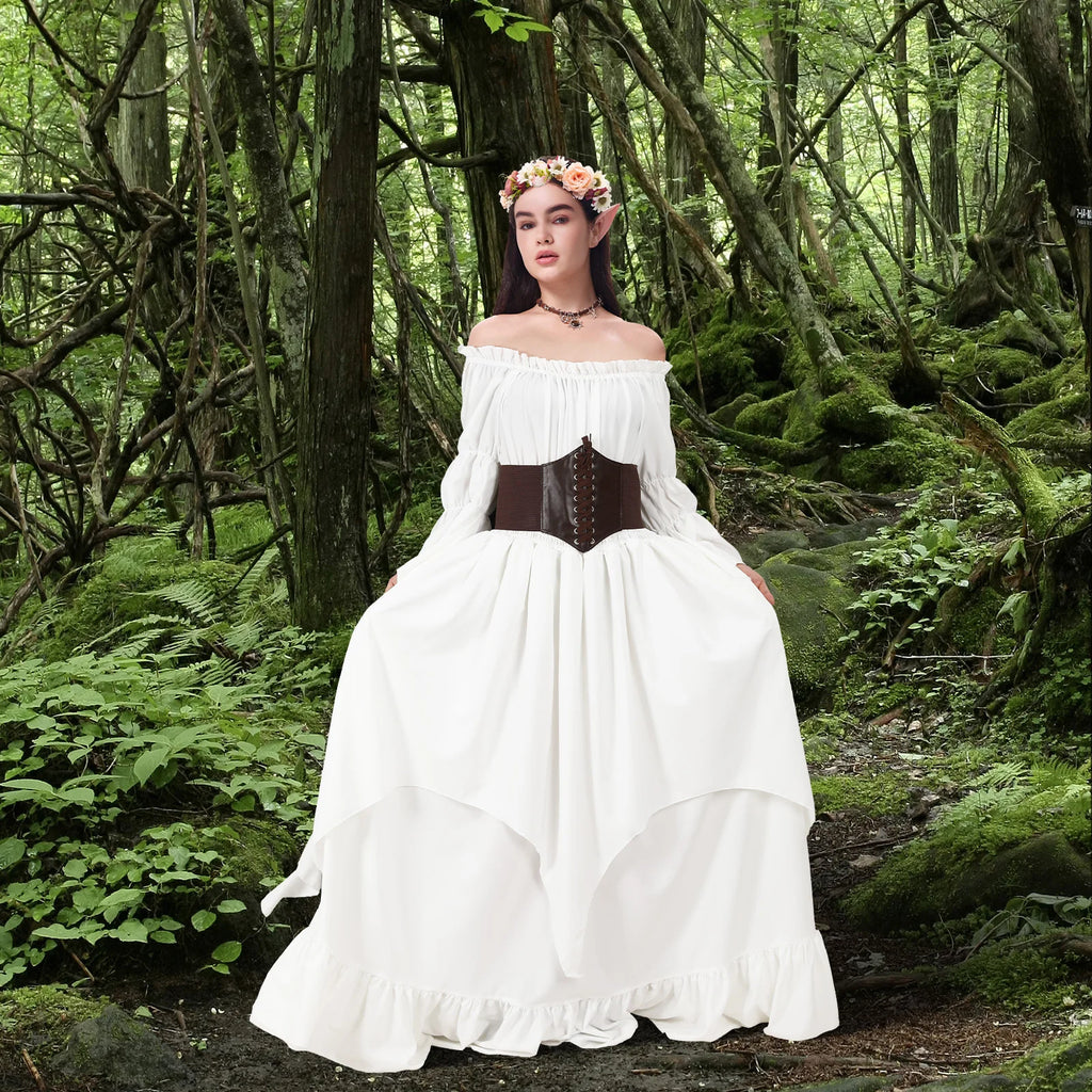 Woman wearing an ivory white Renaissance fairy costume with corset belt and floral crown in a forest