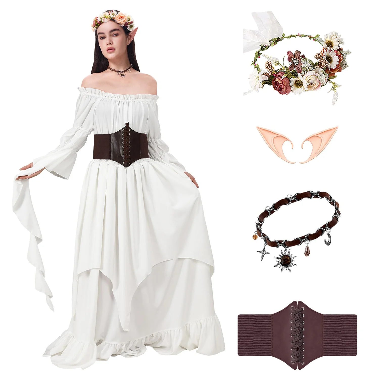 Ivory white Renaissance fairy costume set for women with corset belt, floral crown, elf ears and necklace