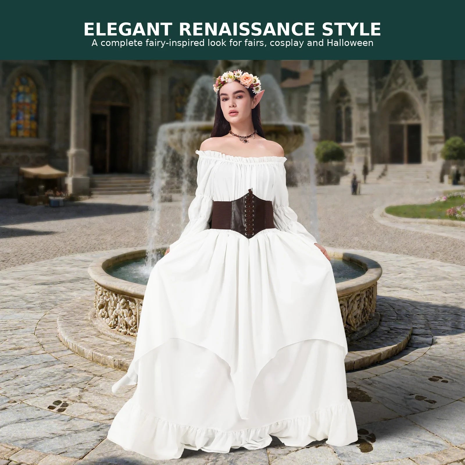 Ivory white Renaissance fairy costume styling with floral crown, elf ears, necklace and corset belt
