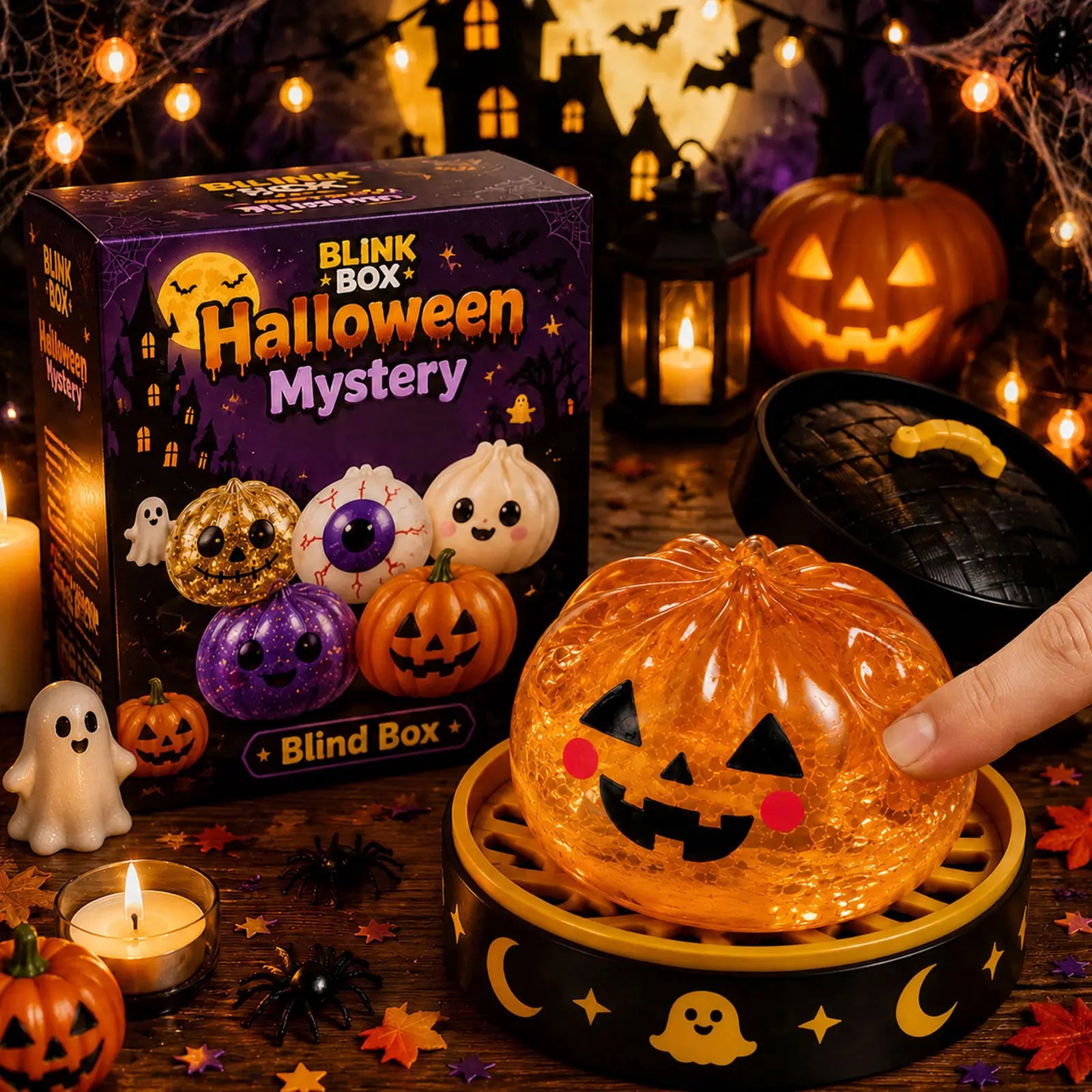 Jack pumpkin Halloween squishy toy with orange glitter texture and smiling jack o lantern face