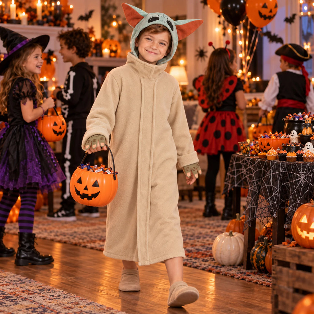A child wears the alien robe costume at a Halloween party while carrying an orange pumpkin bucket.