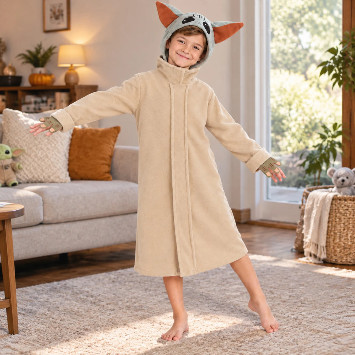A child wears the beige alien robe costume and green headpiece in a sunlit living room.