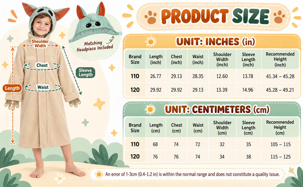 The kids' alien robe costume size chart lists measurements for sizes 110 and 120 in centimeters and inches.