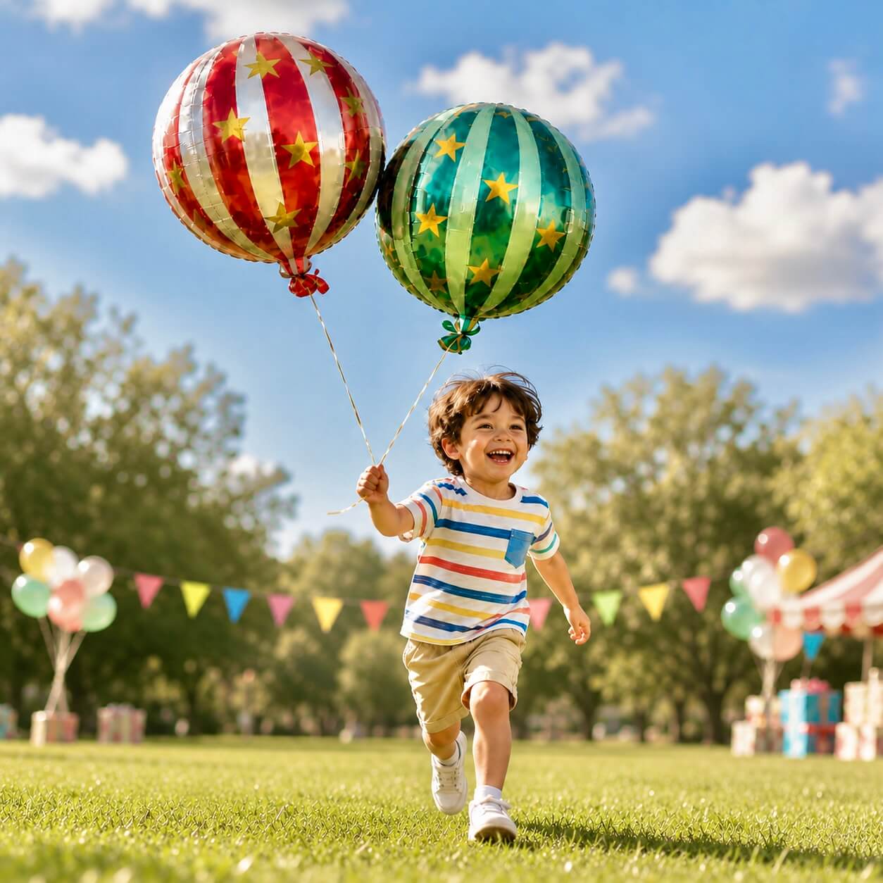 kids birthday party scene with circus balloons, outdoor celebration with colorful foil balloons and decorations