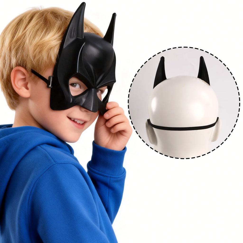 Back view of the kids black bat half mask, showing the rear shape and visible construction.