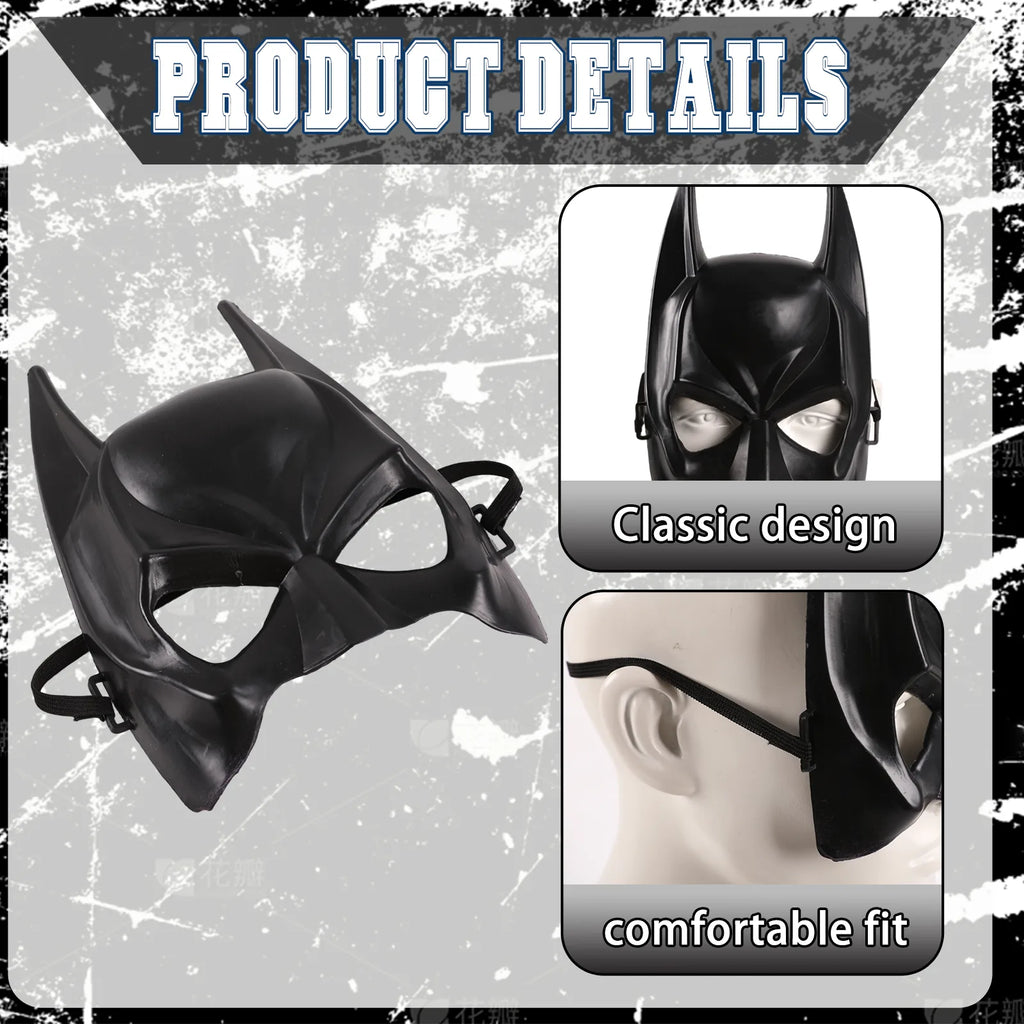 Close-up details of the kids black bat half mask, showing visible texture, color, and construction.