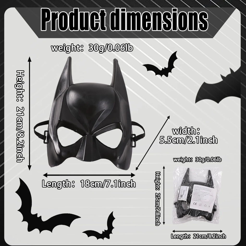 Dimension chart for the kids black bat half mask, showing the listed product measurements and scale.