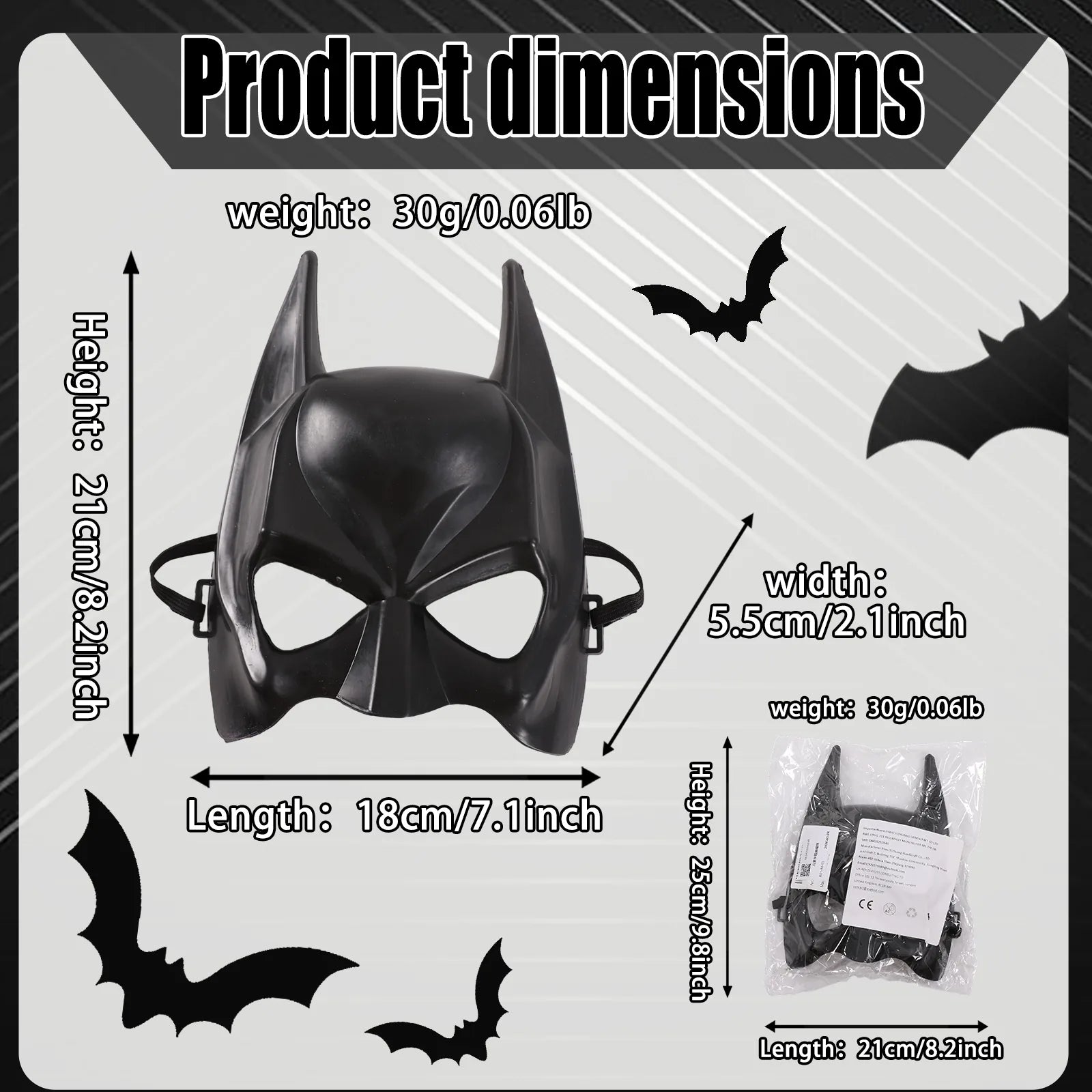Dimension chart for the kids black bat half mask, showing the listed product measurements and scale.