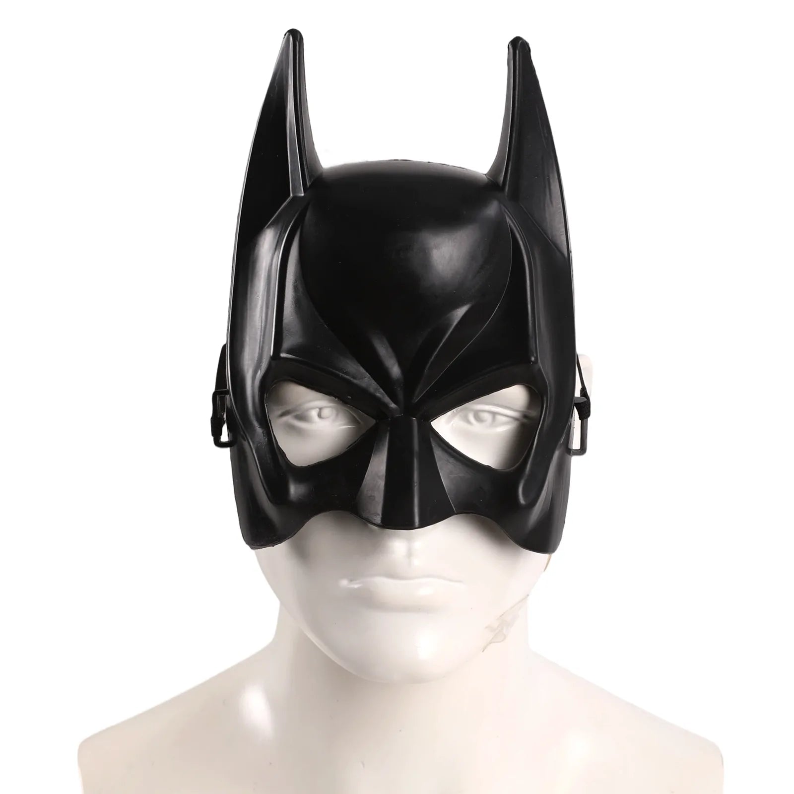 Front view of the kids black bat half mask, showing its overall shape and visible design.