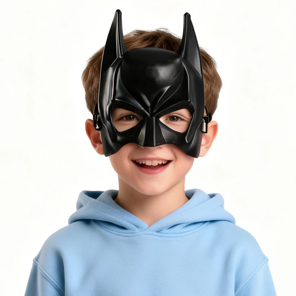 Styled view of the kids black bat half mask, showing how the item appears in use.
