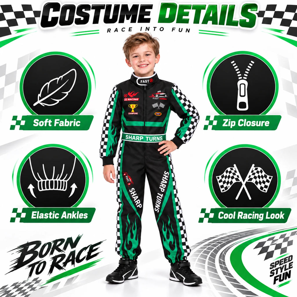 Costume feature graphic labels soft fabric zip closure elastic ankles and cool racing look around the black green jumpsuit.