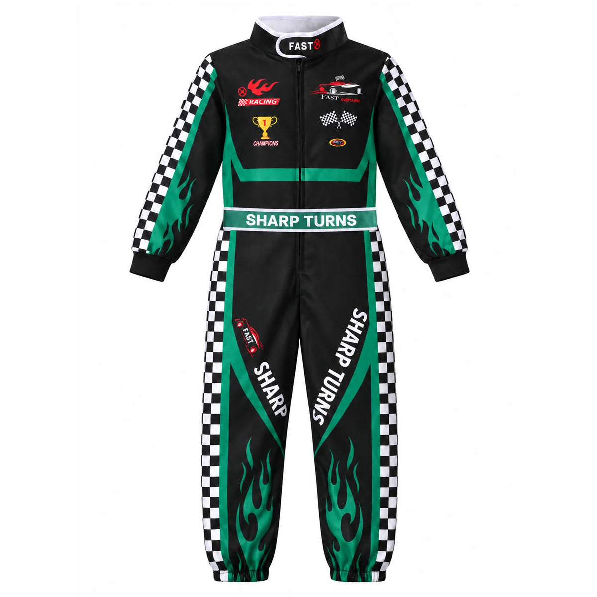 Separate black and green racing jumpsuit showing front zipper checkered panels flame graphics and printed racing motifs.