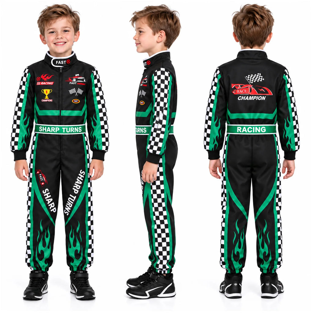 Front side and back views of a child wearing the black and green racing costume jumpsuit.
