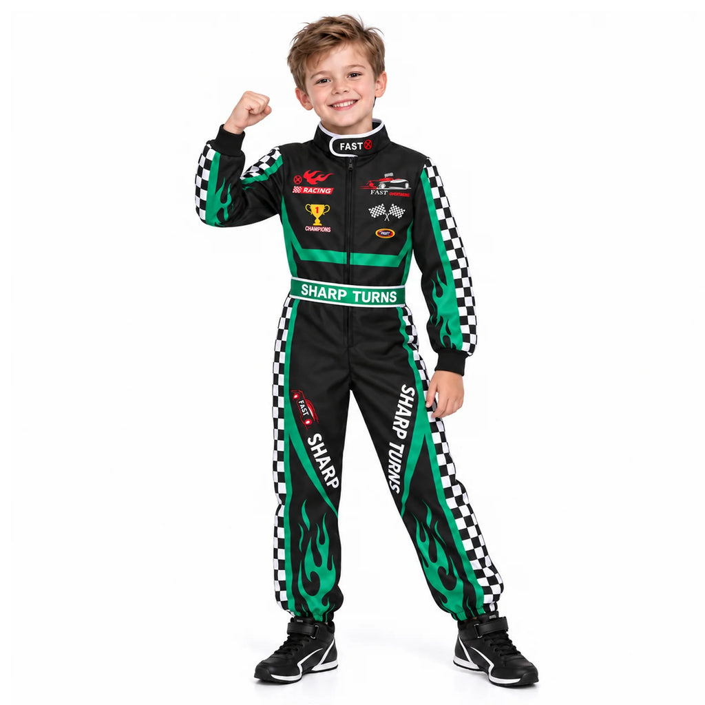 Child raising one hand while wearing the black and green racing jumpsuit with checkered sleeve and leg panels.