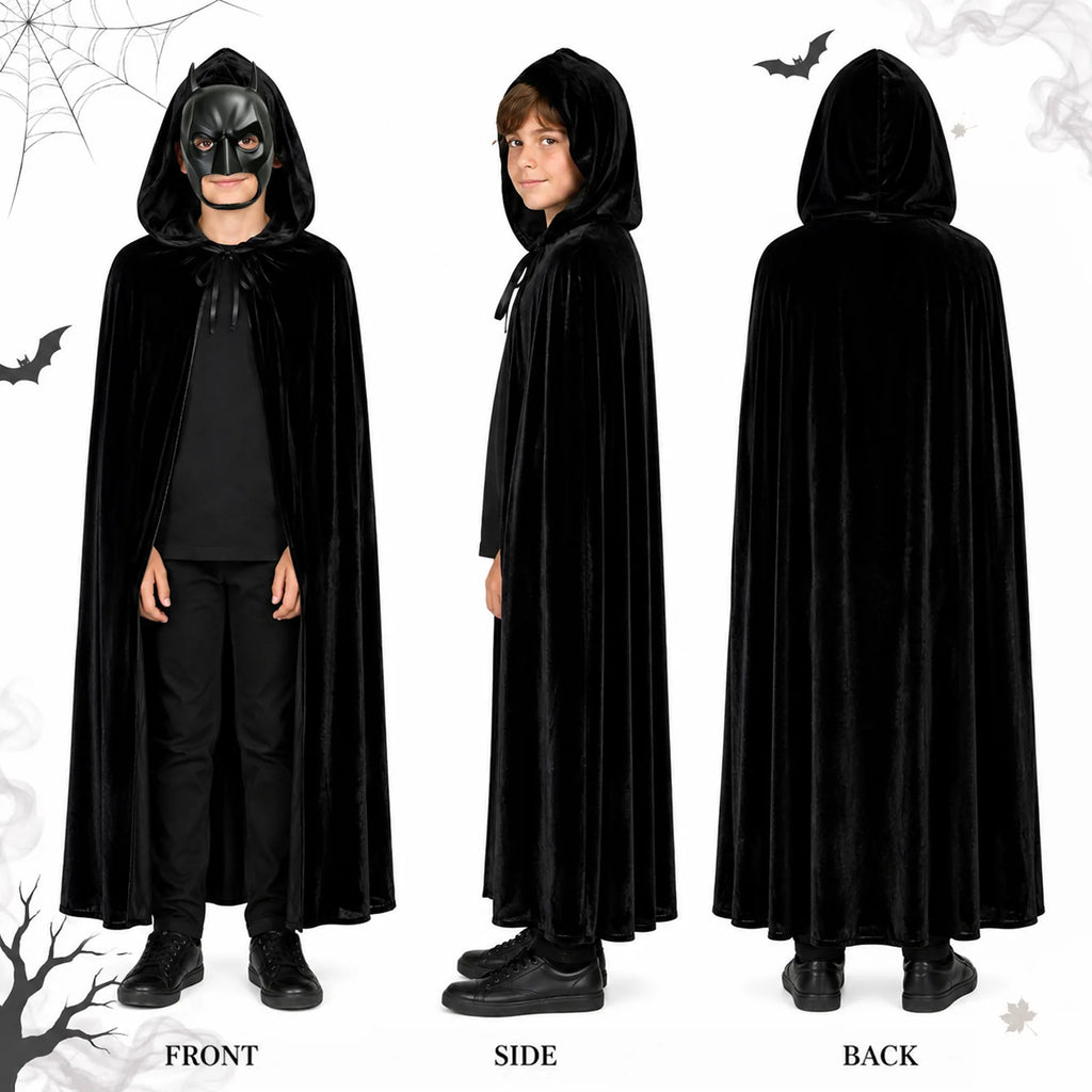 Kids black hooded vampire cape shown from the front, side and back with the mask.