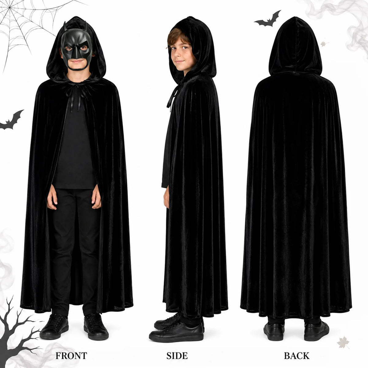 Kids black hooded vampire cape shown from the front, side and back with the mask.