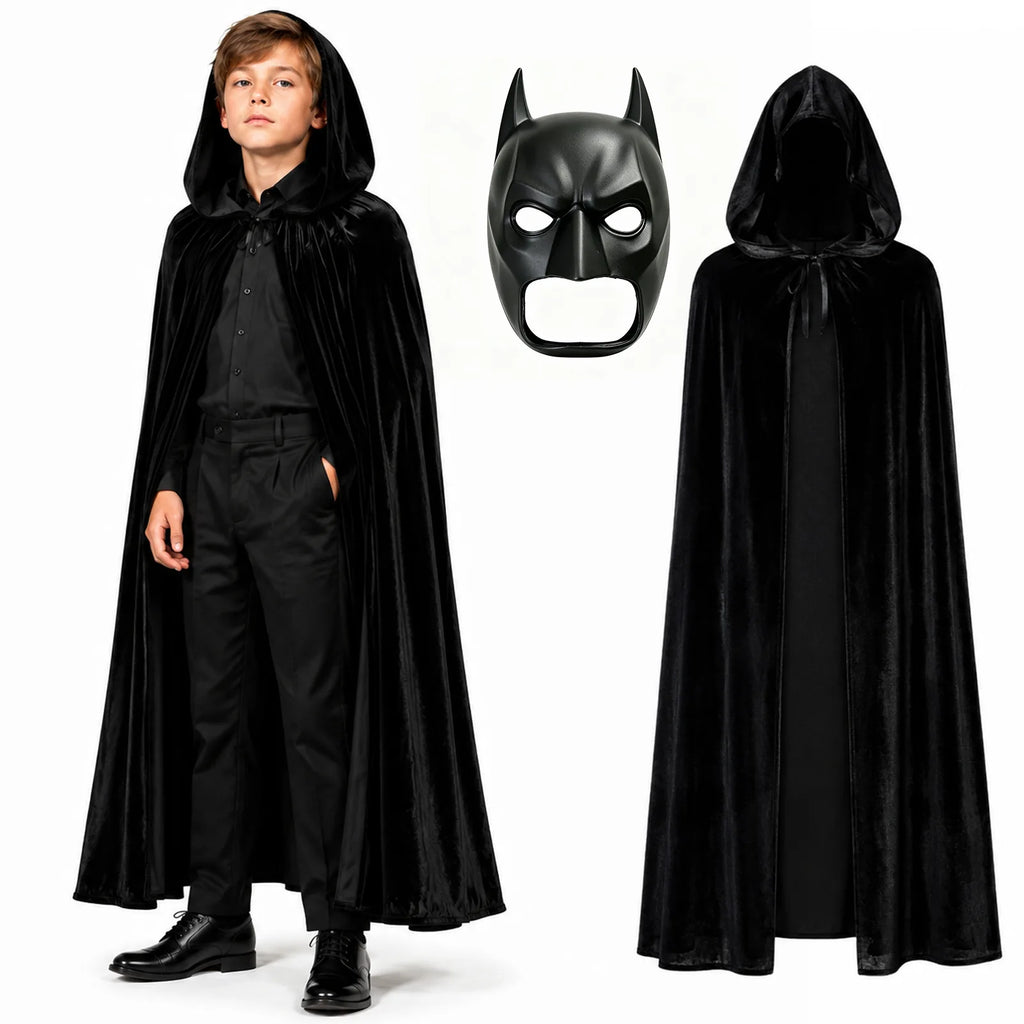 Kids black hooded vampire cape shown on a child beside the cape back and bat-style mask.