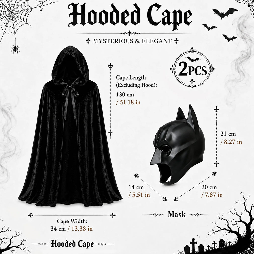 Kids black hooded vampire cape and bat mask shown with their verified measurements.