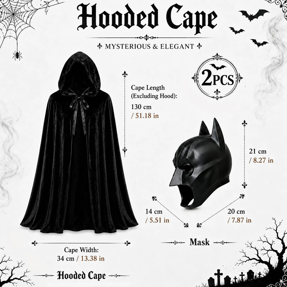 Kids black hooded vampire cape and bat mask shown with their verified measurements.