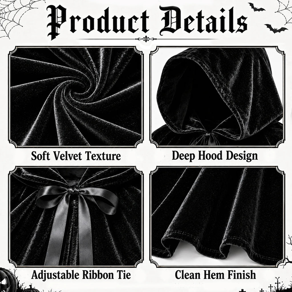 Close-up details of the kids black hooded cape's velvet texture, deep hood, ribbon tie and finished hem.