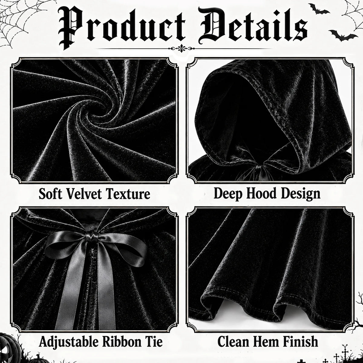 Close-up details of the kids black hooded cape's velvet texture, deep hood, ribbon tie and finished hem.