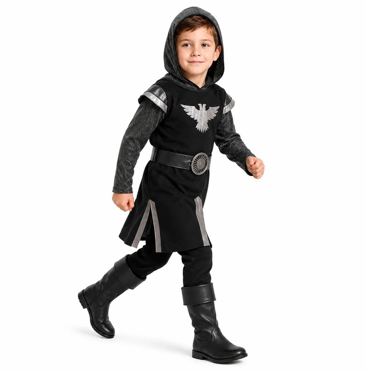 Child wearing black medieval knight tunic costume