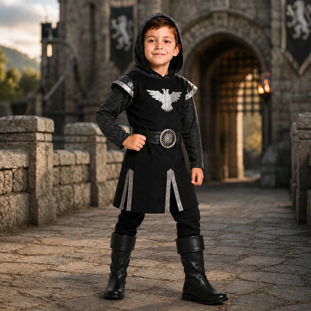 Kids black knight costume in medieval castle scene