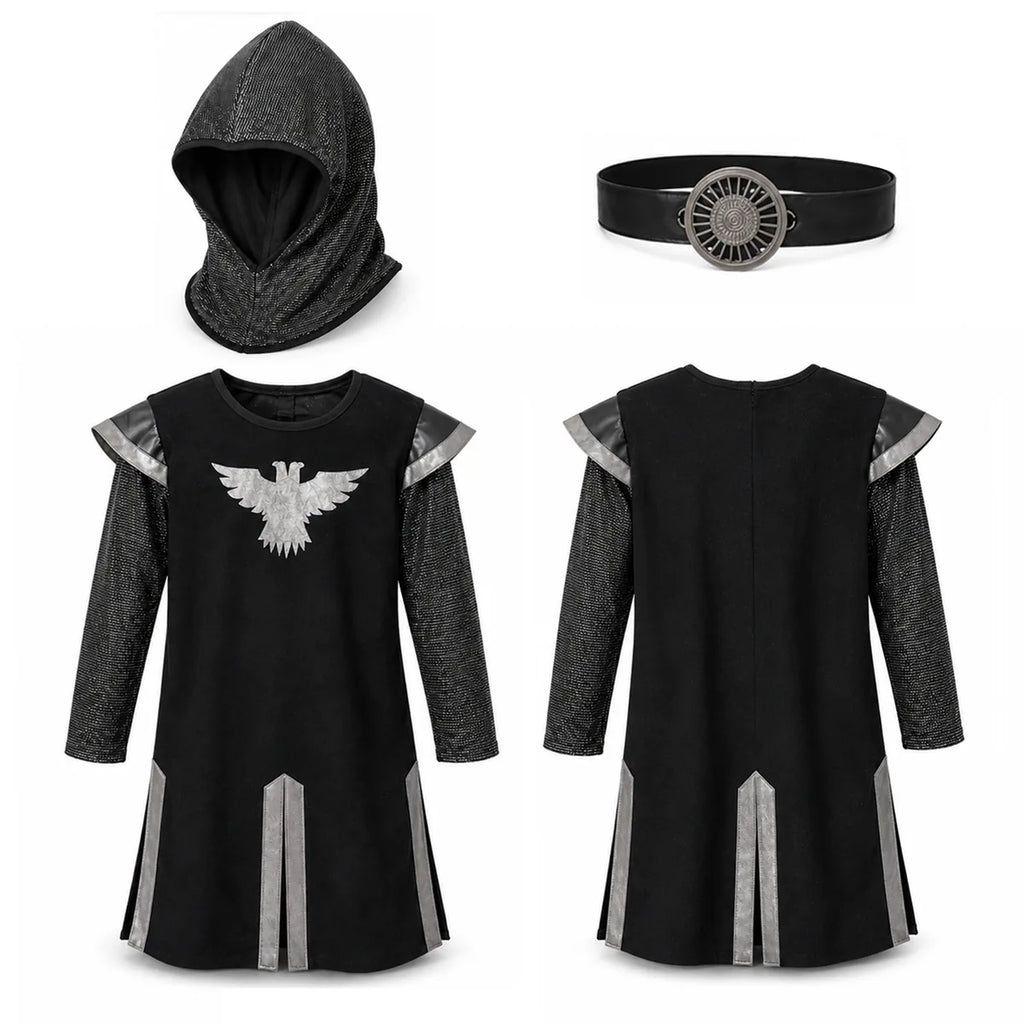 Black knight costume tunic metallic hood and buckle belt