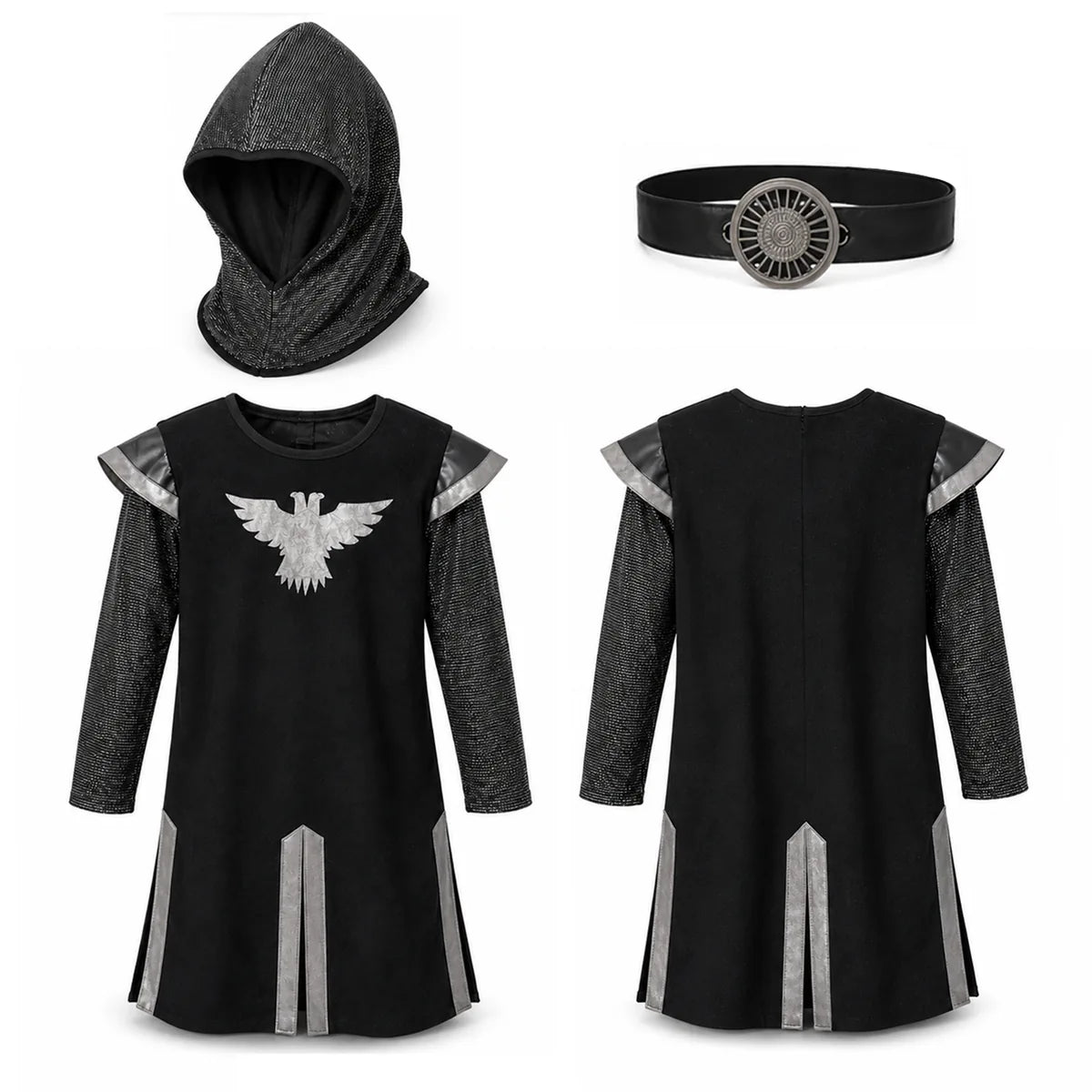 Black knight costume tunic metallic hood and buckle belt