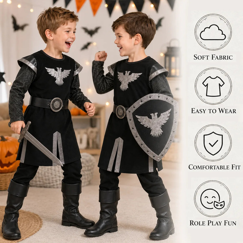 Children's black knight costume soft easy wear role play features