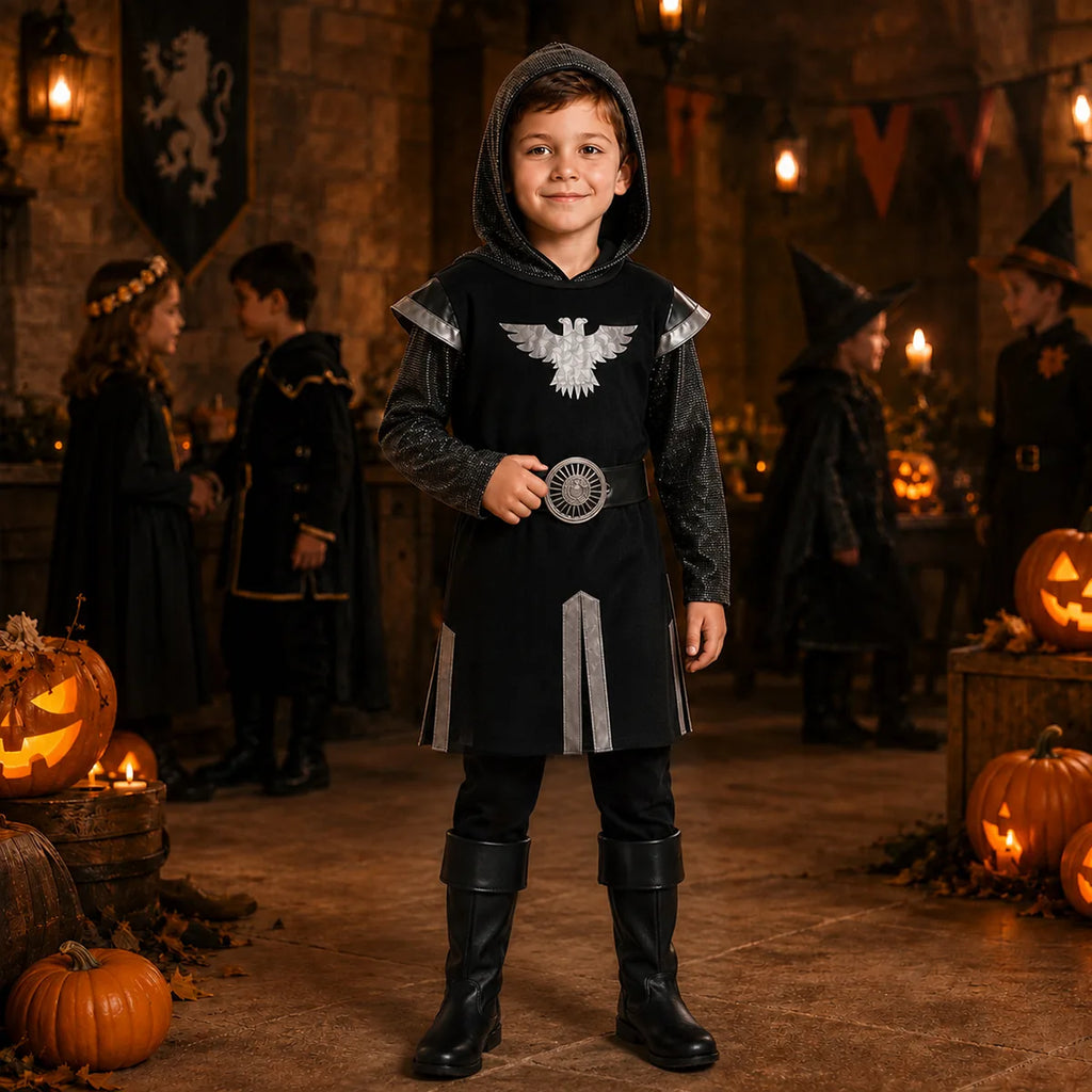 Child black knight costume in Halloween scene