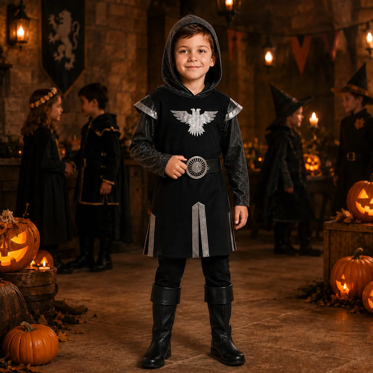 Child black knight costume in Halloween scene