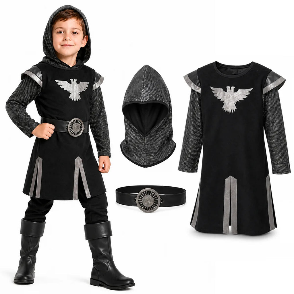 Kids black knight costume with tunic hood and belt