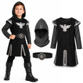 Kids black knight costume with tunic hood and belt