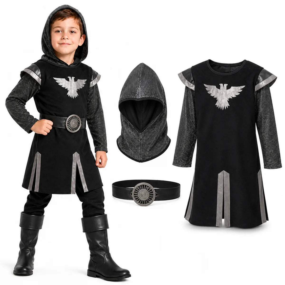 Kids black knight costume with tunic hood and belt