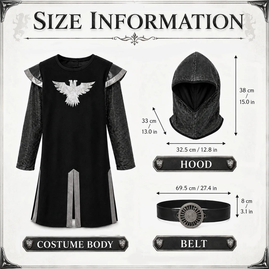 Kids black knight costume hood and belt measurement guide
