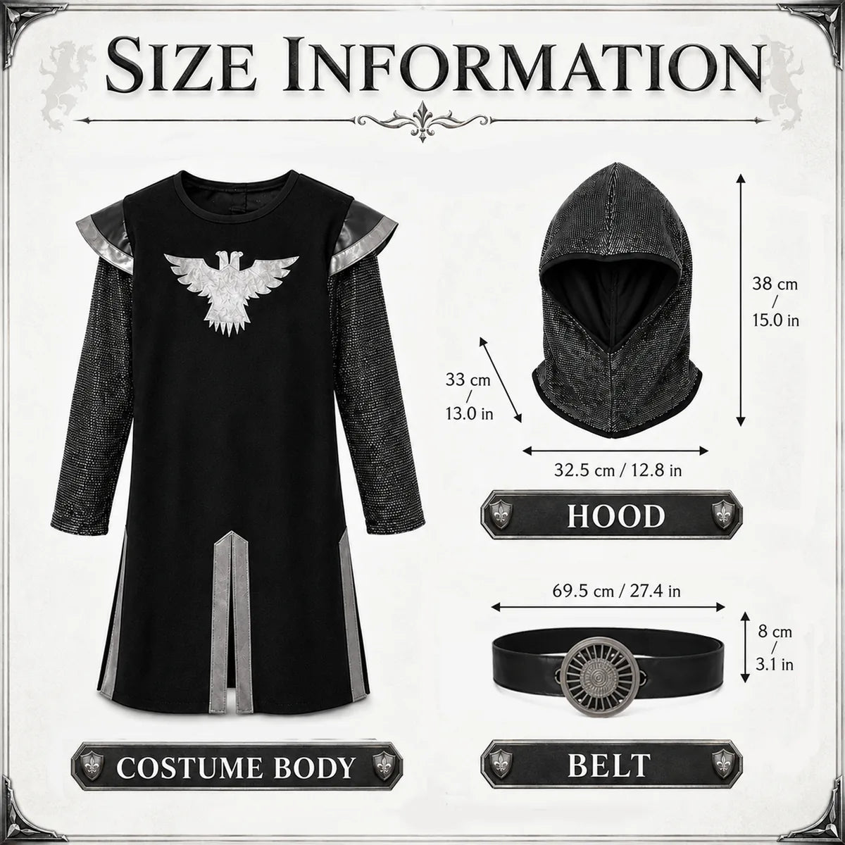 Kids black knight costume hood and belt measurement guide