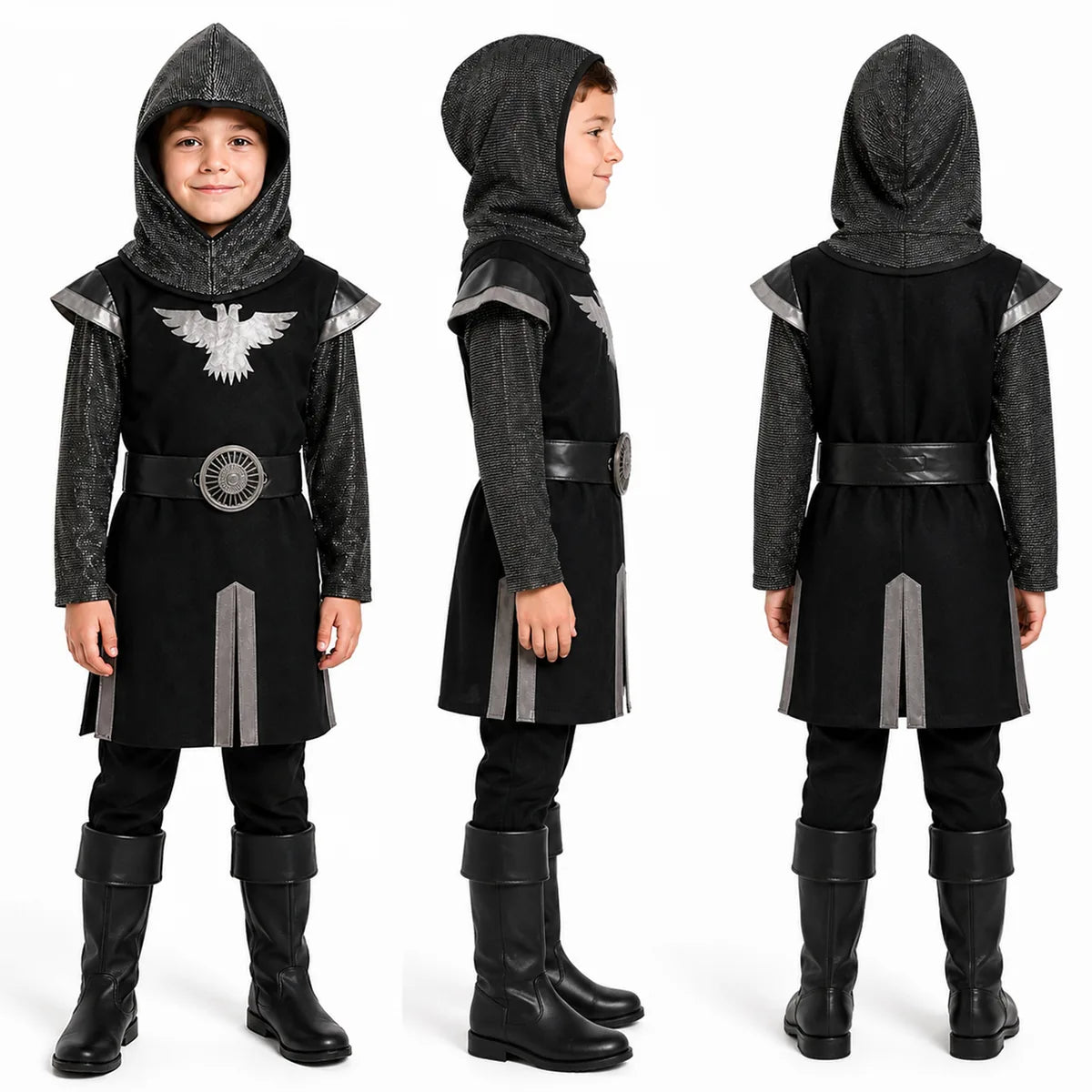 Kids black knight costume front side and back views