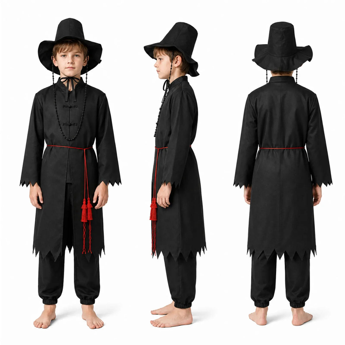 Kids black warrior costume in front, side and back views.