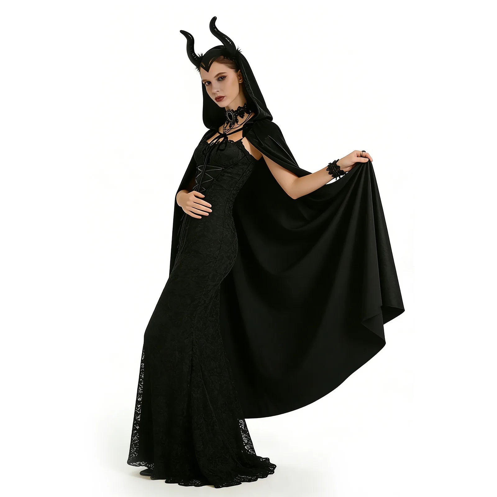 Back view of the kids black witch cape accessory set, showing the rear shape and visible construction.