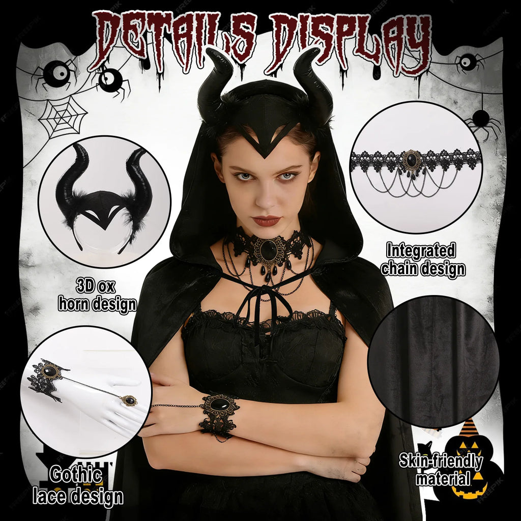 Close-up details of the kids black witch cape accessory set, showing visible texture, color, and construction.