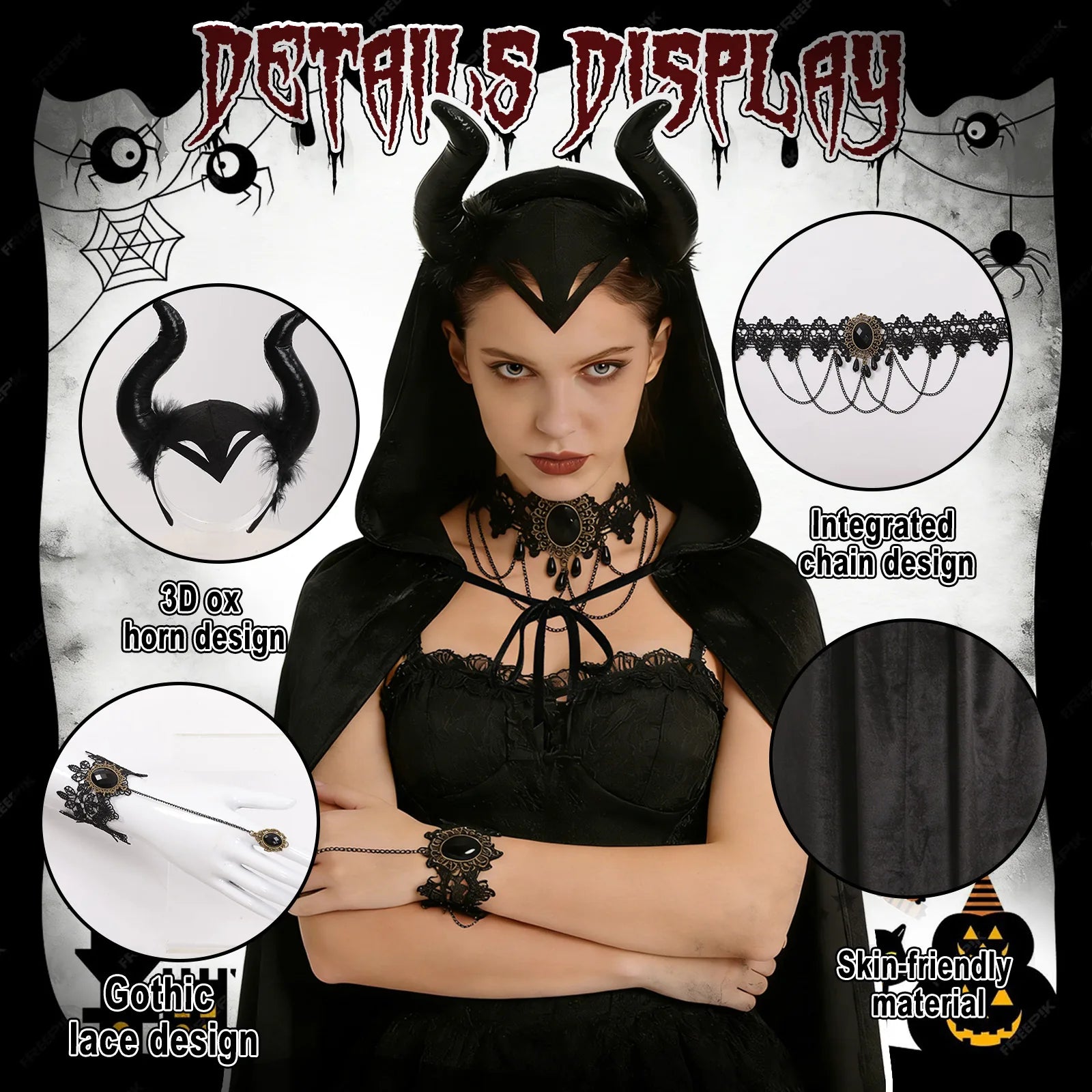 Close-up details of the kids black witch cape accessory set, showing visible texture, color, and construction.