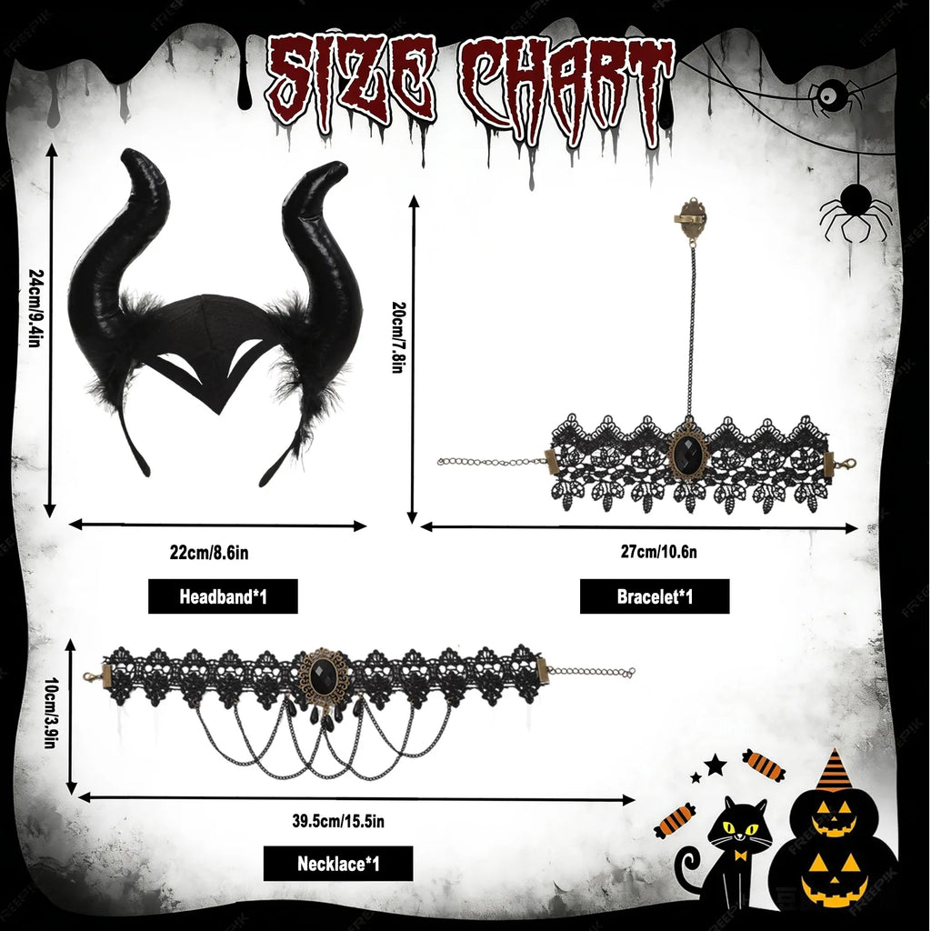 Dimension chart for the kids black witch cape accessory set, showing the listed product measurements and scale.